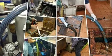 Technicians cleaning and pumping grease interceptors in commercial kitchen environments.