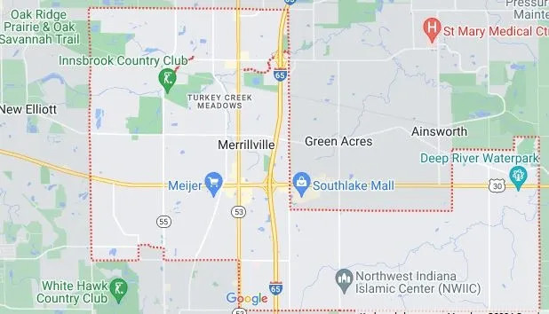 MAP showing Areas 1-5 of Merrillville that is covered by the conservancy district and it's Board of Directors Coverage.