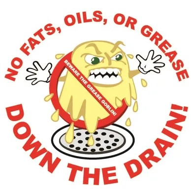 Illustration warning not to pour fats, oils, or grease down a drain.