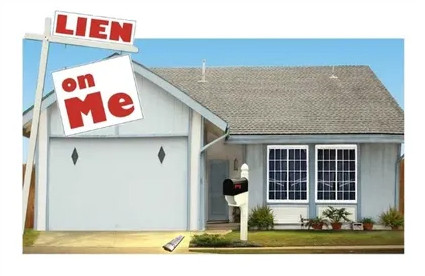 House with a sign reading “Lien on Me,” representing a property lien.