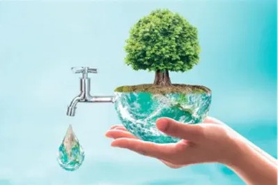 Hand holding a water droplet and faucet with a tree, representing water conservation and environmental protection.